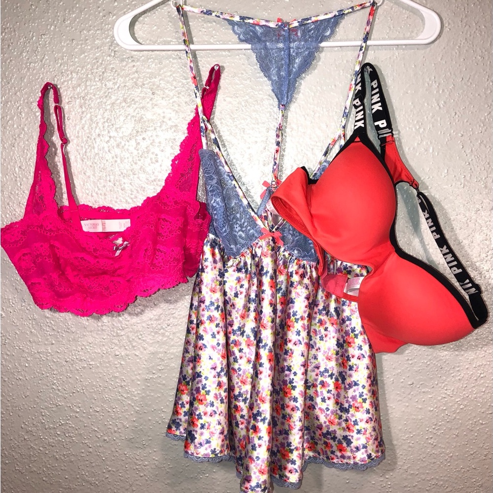 VICTORIA’S SECRET 3 LOT ALL MEDIUM SIZE Babydoll,Lace Bra,Push Up Bra Pink Exl.C